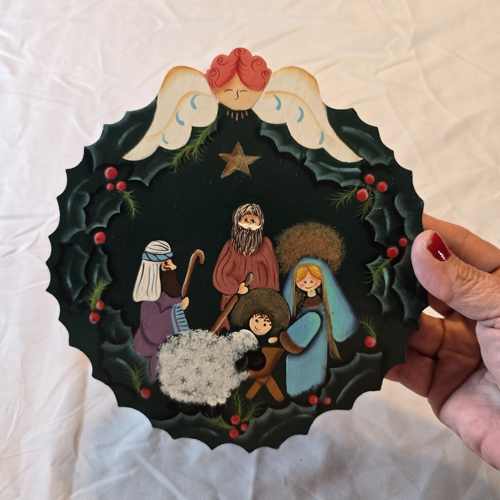 Vtg. Wooden Lazy Susan Hand-Painted Christmas Nativity Holly Berry 7.25" signed
